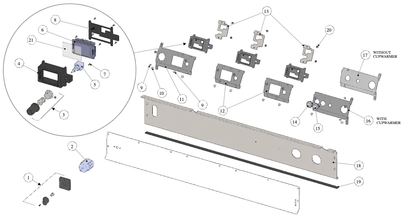 La Marzocco Leva – 19 – Control Panel Assembly – X and 90 V (exploded view)