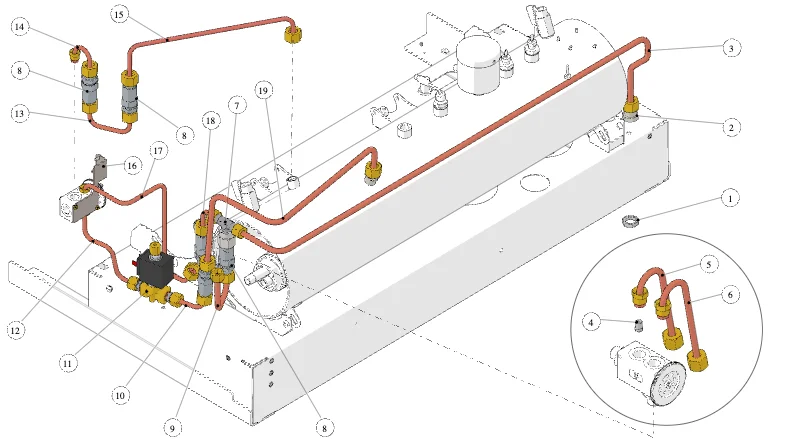 La Marzocco KB90 – 19 – Hydraulik (Explosionszeichnung)