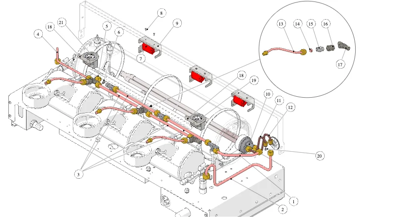 La Marzocco Leva – 39 – Hydraulic Assembly – X and 90 Vers (exploded view)